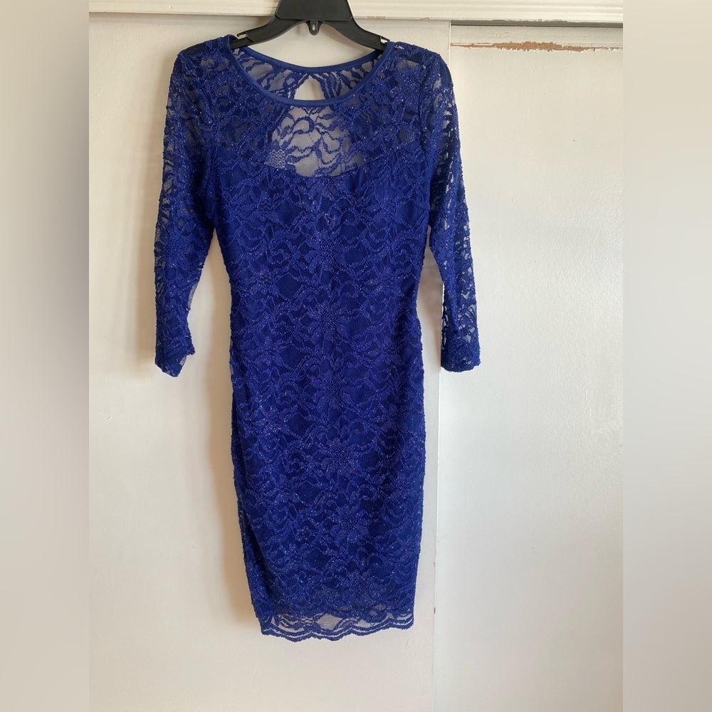 Blue Lace Backless Mini Dress with 3/4 Sleeves